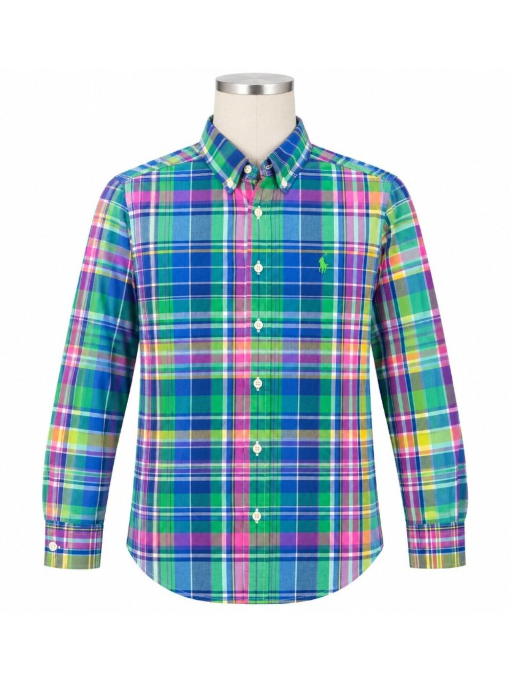 Polo Ralph Lauren Boys Madras Plaid Button Down Shirt M 10/12 Blue, Green Preppy